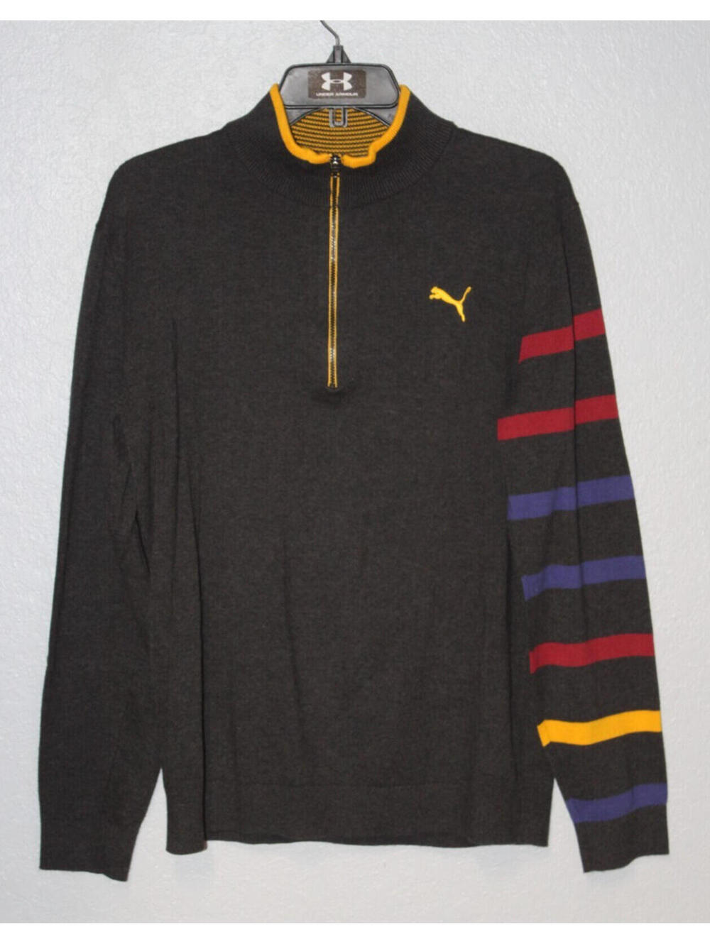 Puma Sport Men 100% Cotton 1/4 Zip Pullover Sweater Dark Gray Stripes • MEDIUM